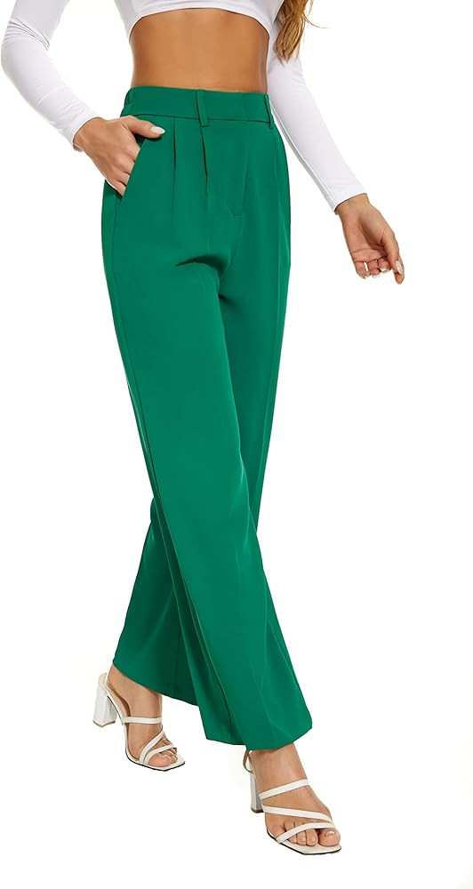 FUNYYZO Women's Wide Leg Pants High Elastic Waisted in The Back Business Work Trousers Long Strai... | Amazon (US)