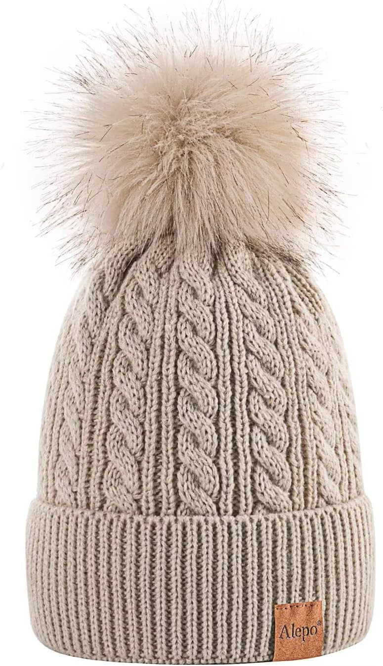 Womens Winter Beanie Hat, Warm Fleece Lined Knitted Soft Ski Cuff Cap with Pom Pom | Amazon (US)