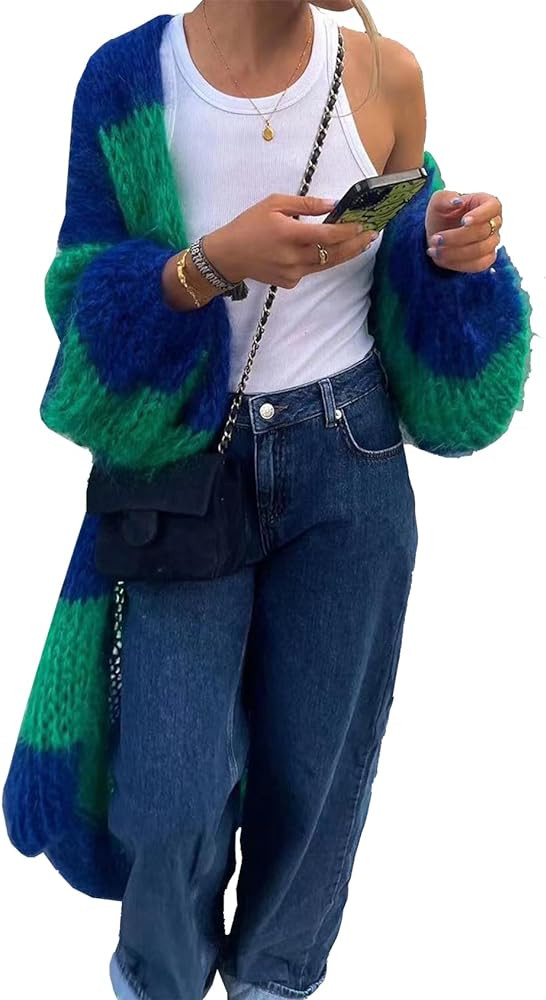 Womens Color Block Striped Cardigan Sweaters Loose Knitted Long Open Front Cardigans | Amazon (US)