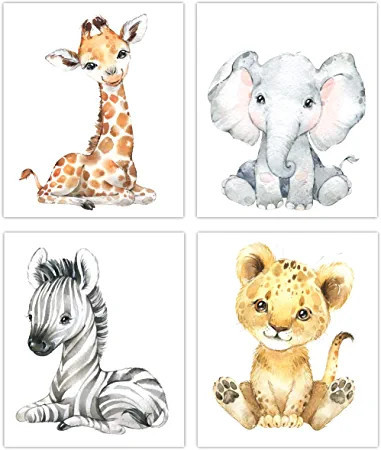 Amazon.com: MARIA Designs Inc. Set of 4 UNFRAMED WaterColor Animal Print Pictures | Baby Nursery ... | Amazon (US)
