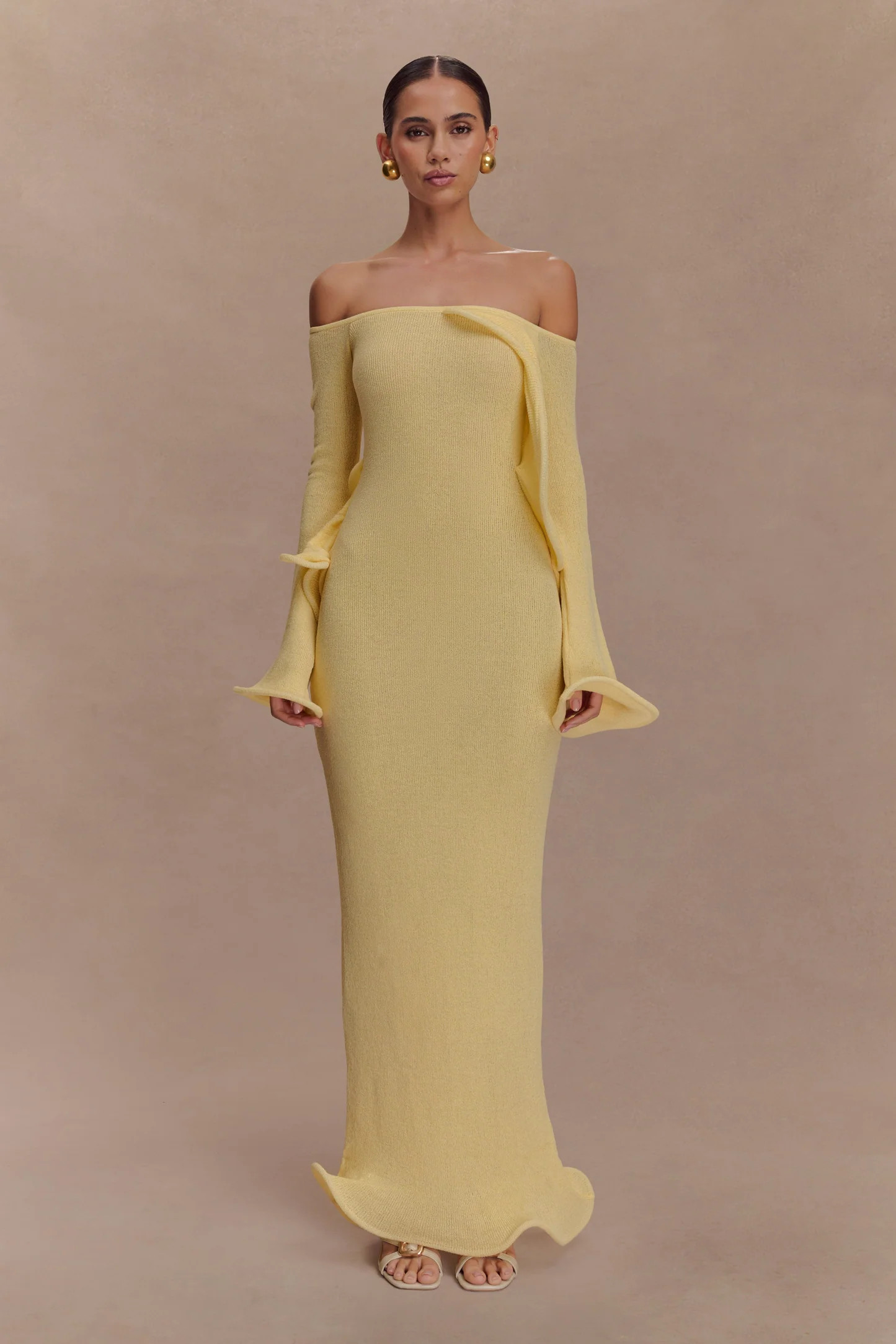 Off Shoulder Knit Maxi Dress - Lemon | MESHKI US