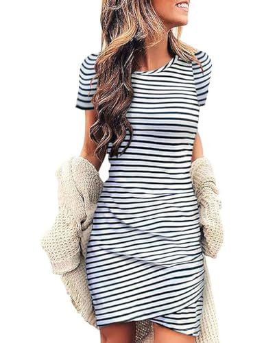 Qearal Stripes Dresses Casual Women's Short Sleeve Crew Neck T Shirt Dress Striped Ruched Bodycon Mini Dress | Amazon (US)