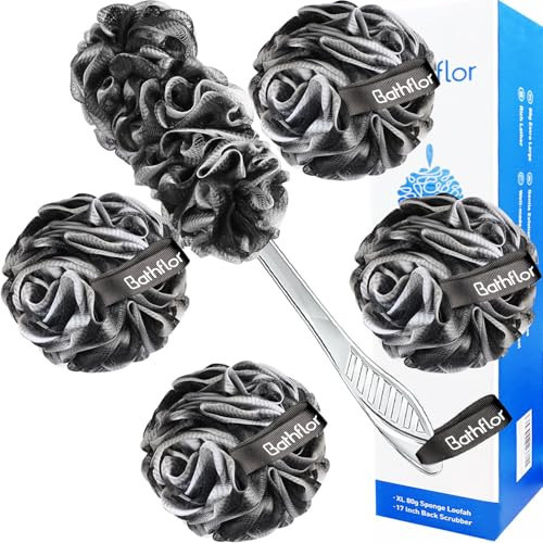 Bathflor Loofah Sponge Exfoliating Body Scrubber: 4PCS Extra Large 80g Shower Loofahs Poufs, 1PCS Long Handle Loofa Back Scrubber, 1PCS Luffa Hook, Charcoal Loofah Pack for Women Men Bath Wash, Black | Amazon (US)