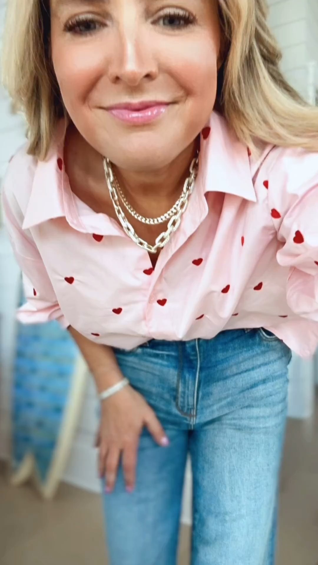 This is the cutest little button down, loving it for Valentine’s Day. I’m also linking the white version you can’t go wrong with either. I’m wearing an extra small and the jeans are a size double zero they definitely run big so I would size down.

#LTKootd #LTKmomlife #LTKSeasonal