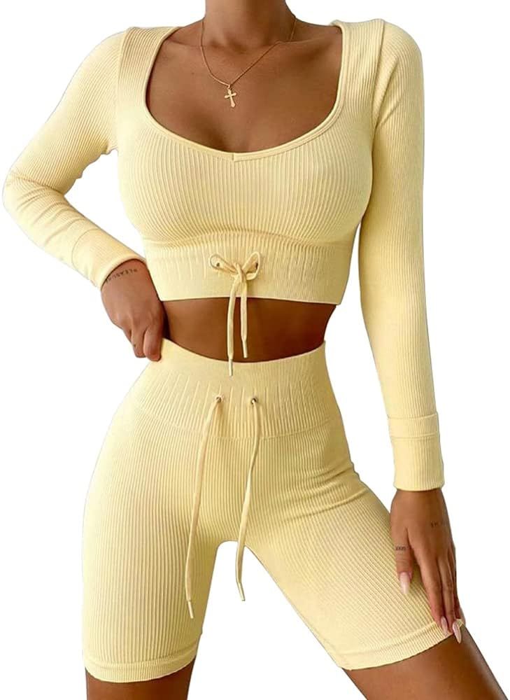 HCKG Women's 2 Piece Yoga Outfits Workout Athletic Sets - Long Sleeve Gym Crop Tops High Waisted Com | Amazon (US)