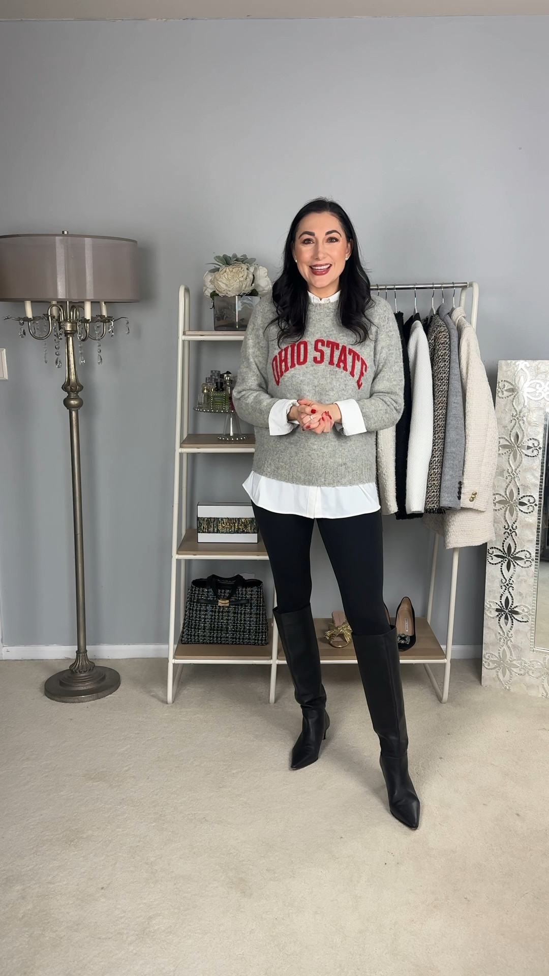 Happy game day ❤️🩶 Hoping my team beats our rival team this year!!

Ohio state sweater size small
White button up 
Black leggings 
Black knee high boots size 7.5, sized up half size 

Casual outfit 
College football 
Preppy outfit 

#LTKSeasonal #LTKHoliday #LTKootd
