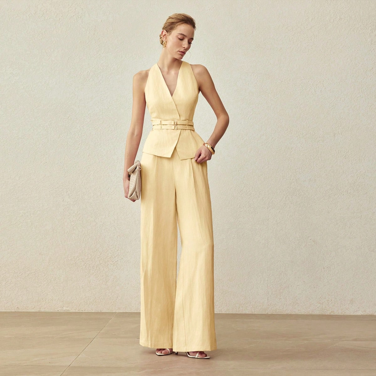 MOTF PREMIUM LINEN DUAL WAIST TIE HALTER NECK VEST, SPRING/SUMMER | SHEIN