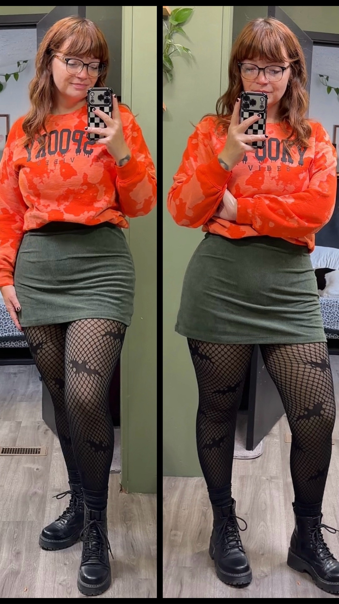 Wearing this fit till spooky szn is over. Fleece lined tights, bat fishnets, Halara corduroy skirt, spooky vibes sweatshirt & boots. #halloween #halloweenoutfit #ootd #midsize #midsizeoutfit

#LTKHalloween #LTKMidsize #LTKHoliday