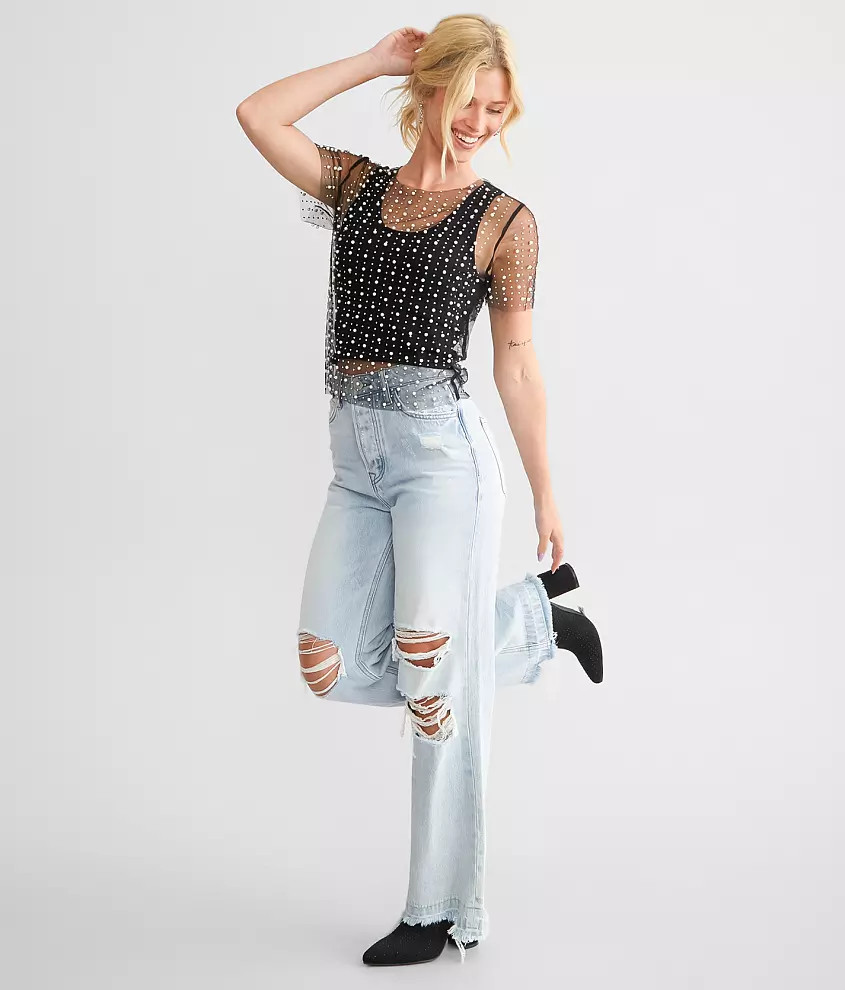Endless Blu Embellished Mesh Top | Buckle