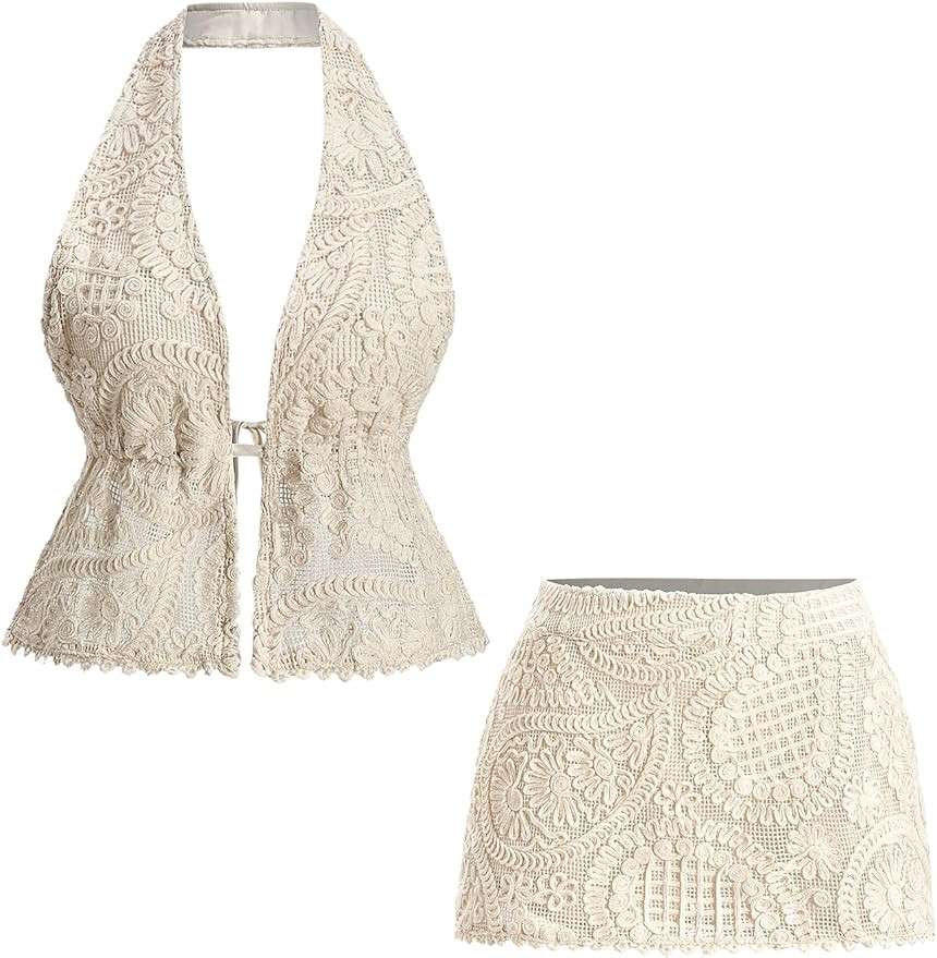 Women's 2 Piece Beach Vacation Outfits Boho Embroidered Peplum Backless Halter Crop Top and Mini ... | Amazon (US)