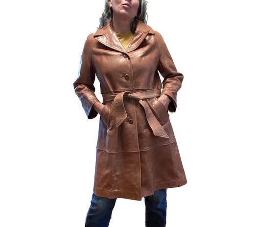 Vintage 1970s Leather Jacket, Tan Car Coat, Tie Waist Leather Trench Coat, Removable Belt. L | Etsy (US)