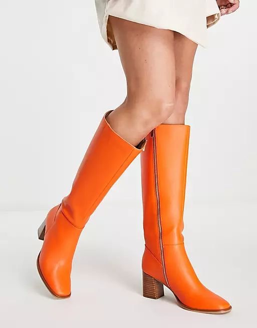 Never Fully Dressed knee high leather boots in orange | ASOS (Global)