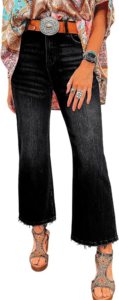 Astylish Womens High Waisted Jeans Stretchy Flared Straight Leg Loose Trendy Raw Hem Denim Pants | Amazon (US)