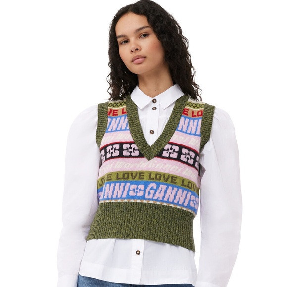GANNI Wool Blend Graphic V Neck Vest | Poshmark