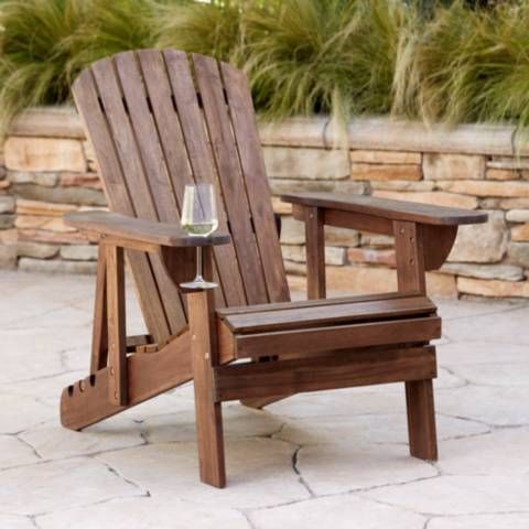 Kava Dark Brown Wood Outdoor Adirondack Chair w/ Wine Holder | LampsPlus.com