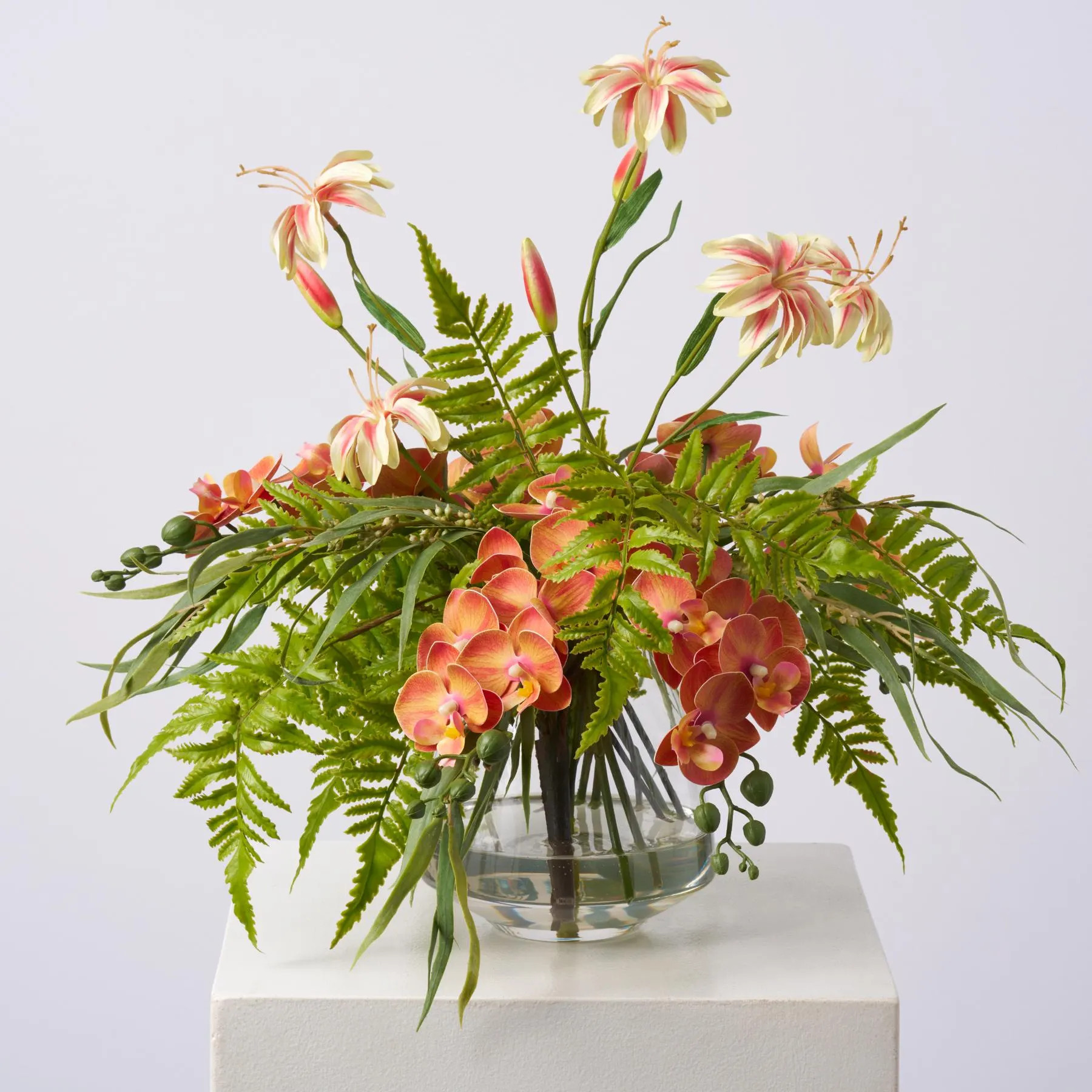 Orange Sunset Orchid, Mini Tiger Lily & Wild Fern Tropical Faux Flower Water Illusion Arrangement | Etsy (Global)