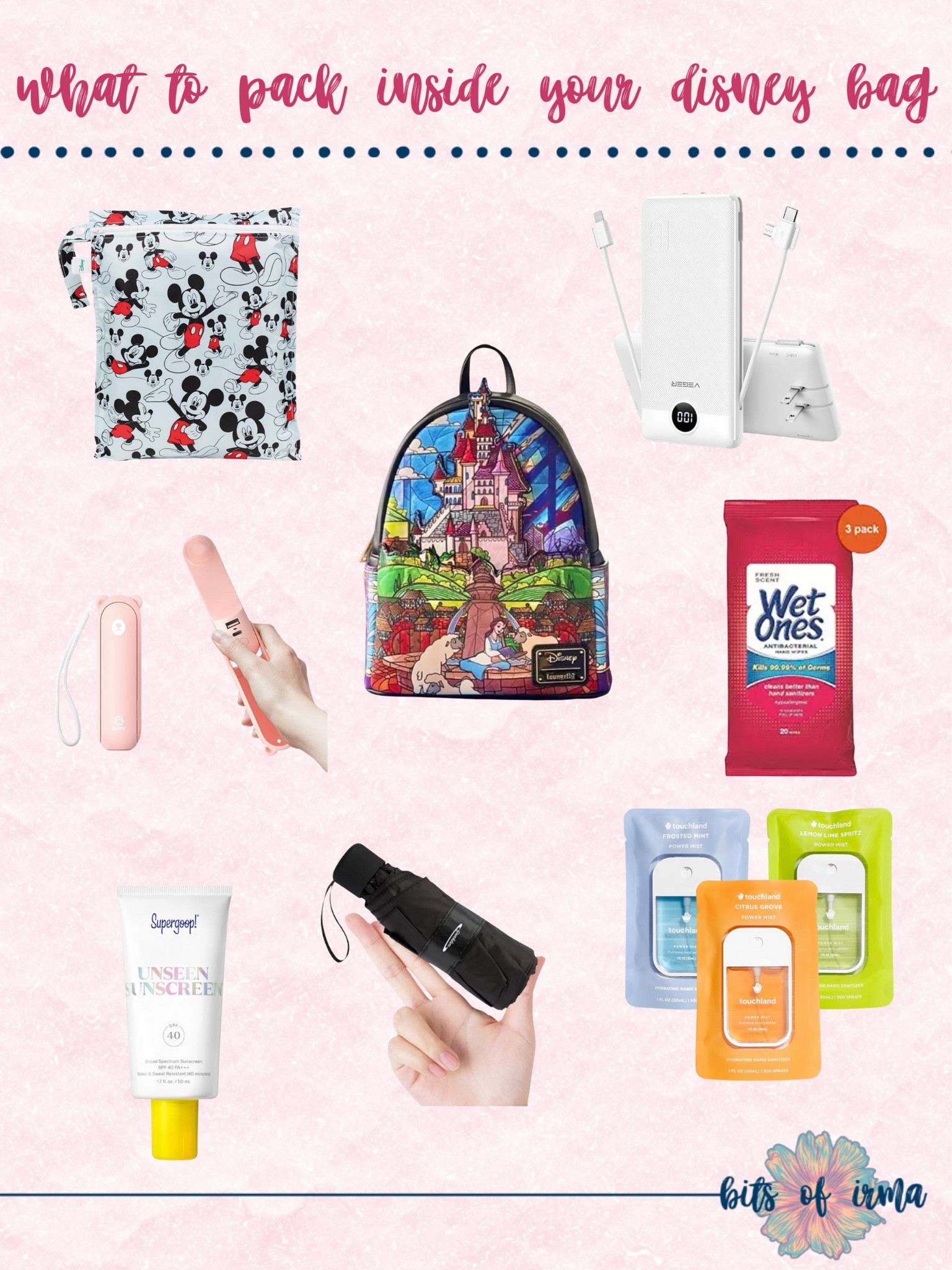 Disney park bag essentials | What to pack for Disney trip | Disney-themed backpacks | Portable charger for Disney parks | Travel-sized sunscreen | Disney Wet Wipes | Sanitizing wipes for travel | Travel umbrellas for theme parks | Compact beauty products for travel | Essentials for Disney World | Packing list for Disneyland | Family vacation packing tips | Disney vacation must-haves | Travel gadgets for Disney trips