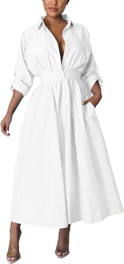 Rooscier Women's Collar V Neck Flared Long Sleeve High Waist Button Down Long Shirt Dress | Amazon (US)