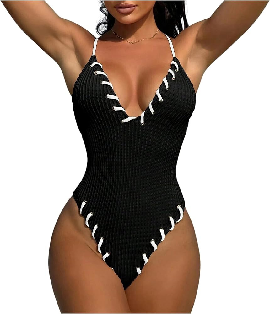 HYTENSUN Women's Criss Cross One Piece Swimsuits V Neck Binding Ribbed Swimwear High Cut Bathing ... | Amazon (US)