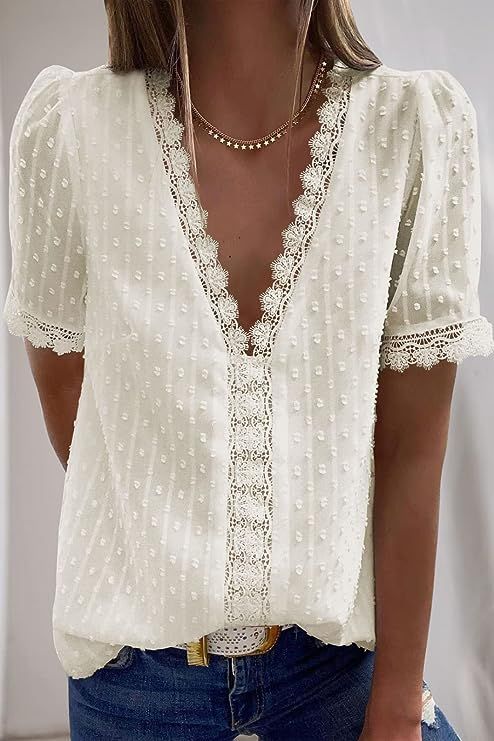 Dokotoo Women's V Neck Lace Crochet Tunic Tops Flowy Casual Blouses Shirts | Amazon (US)