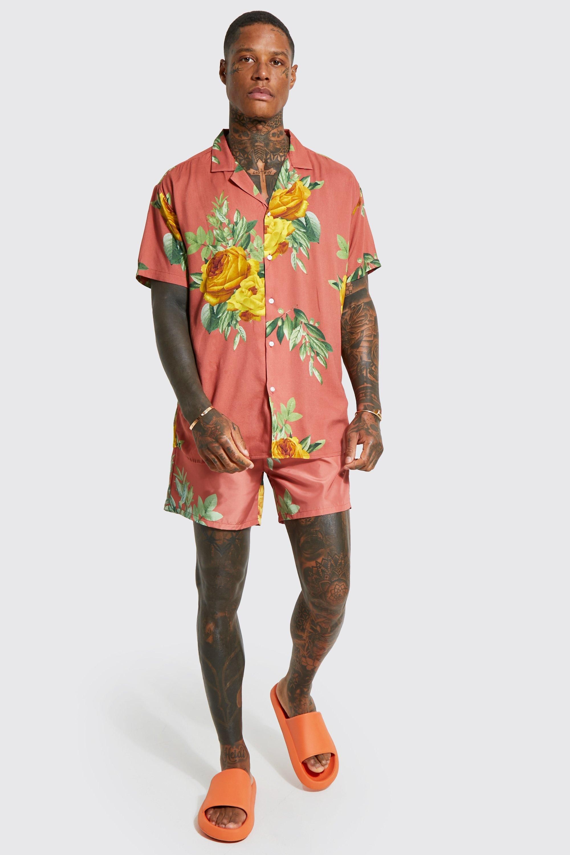 Oversized Viscose Floral Shirt And Swim Trunks Set | boohooMAN (US & CA)