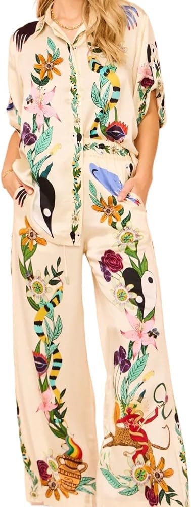 Women's Two Piece Linen Suit Short Sleeve Button Shirt Wide Leg Pants Casual Suit Bohemian Printe... | Amazon (US)