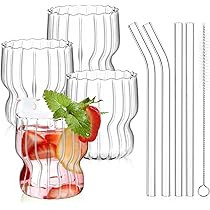 4 Pieces Ripple Drinking Glasses Set 8.8 oz Ribbed Glassware Glass Cups Vintage Fluted Glassware ... | Amazon (US)