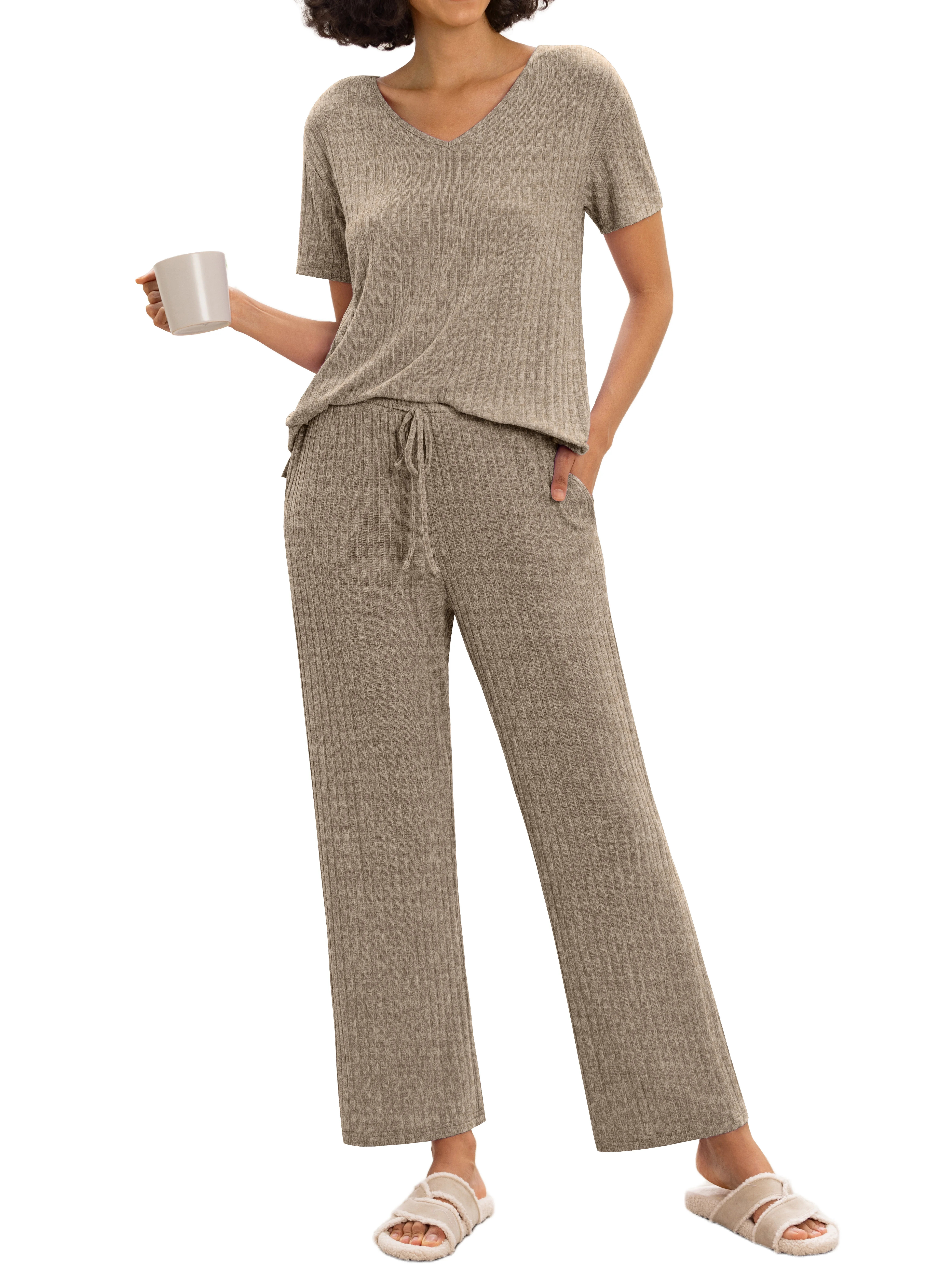 MINTREUS Women's Ribbed Knit Pajama Set Soft Lounge Set Lightweight Sleepwear Two Piece Matching ... | Walmart (US)