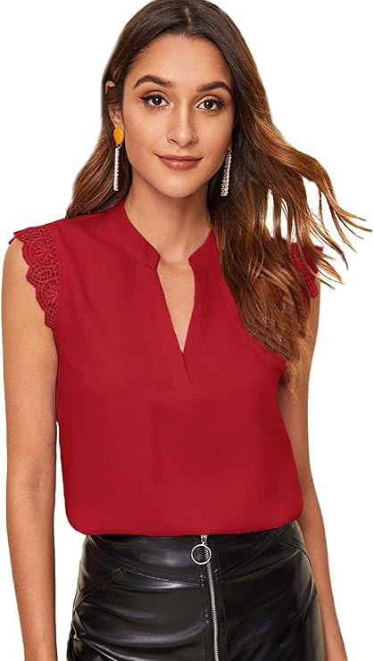 Milumia Women's Elegant Notch V Neck Sleeveless Blouse Guipure Lace Work Office Solid Top | Amazon (US)