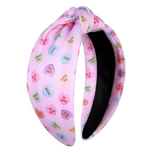 vokone Valentines Day Gifts for Her Pink Conversation Heart Knotted Headband Wide Hairband Valentines Holiday Party Headband Hair Accessories (Pink-Conversation Heart) | Amazon (US)