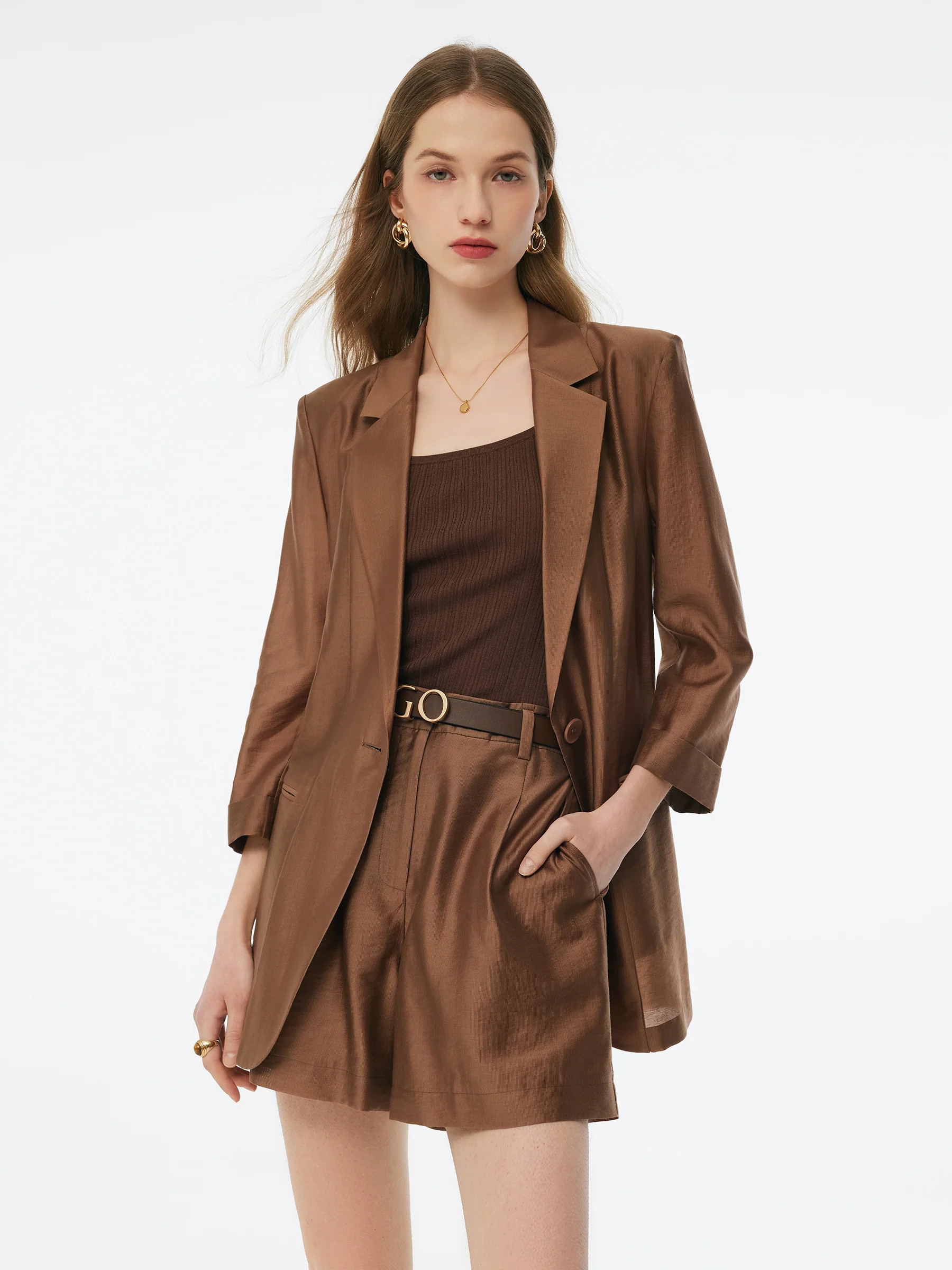 Tencel Blend Women Blazer - Brown / XXS | GOELIA
