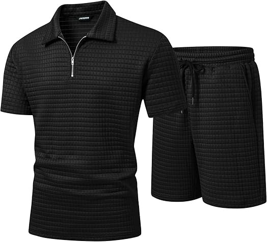 JMIERR Men's 2 Piece Waffle Knit Outfit Half Zip Polo Shirt and Shorts Textured Summer Set | Amazon (US)