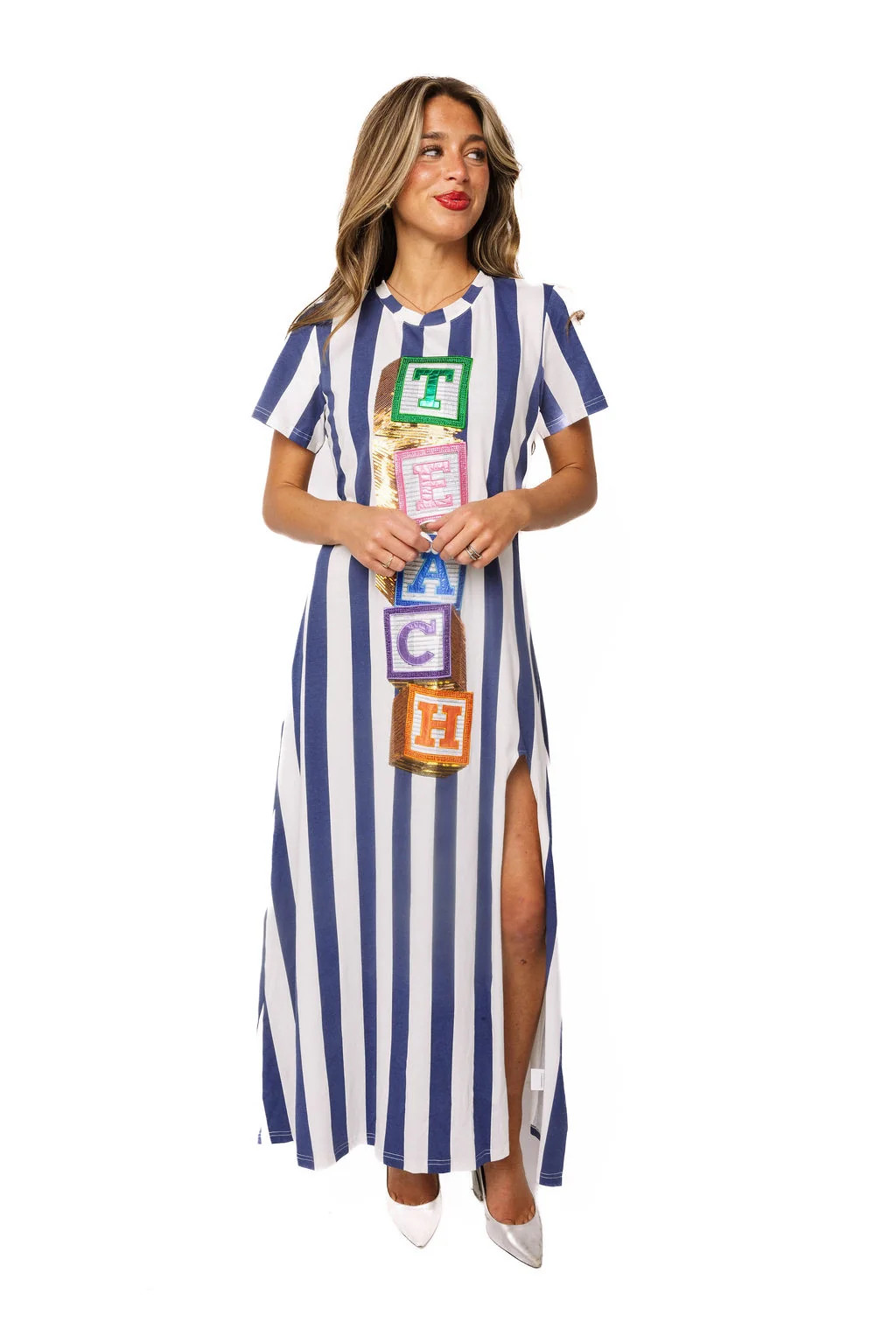 Sample Blue & White Striped 'TEACH' Blocks Midi Tee Dress | Queen of Sparkles