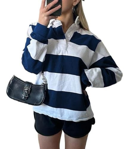 UAURORAO Women Striped Rugby Shirt Long Sleeve Cropped Polo Shirts Oversized Collared Sweatshirt Teens Girls Preppy Vintage Pullover Sweaters(Baggy Blue,Large) | Amazon (US)