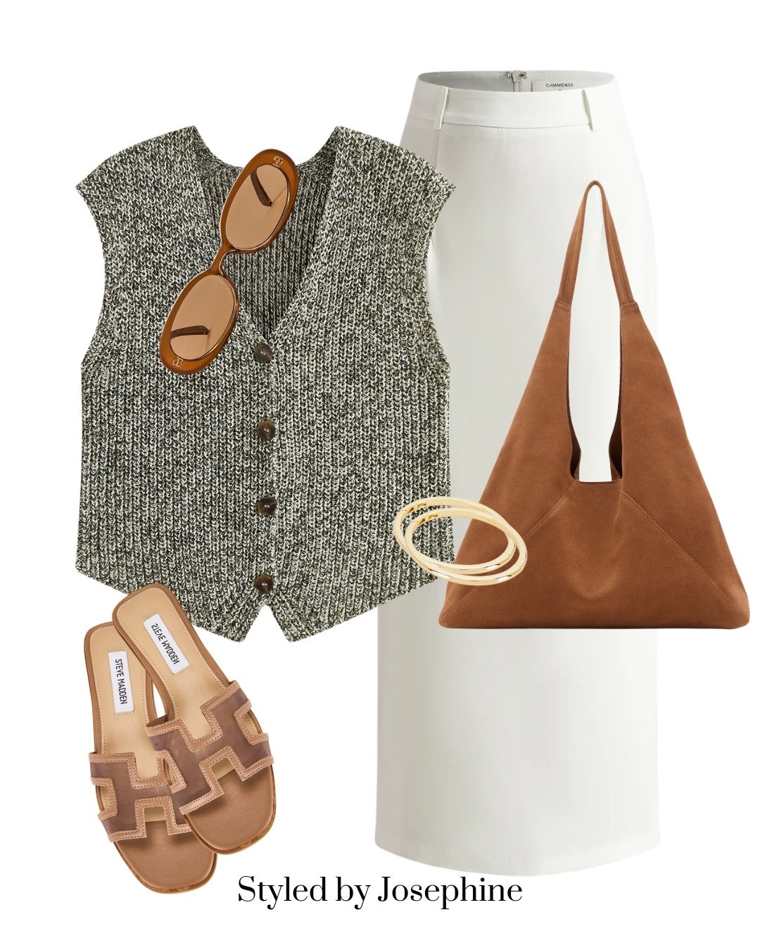 Texture makes neutrals interesting ✨ This knit vest paired with a clean white skirt is the perfect in-between look—polished enough for the office, relaxed enough for weekends."

Tags:
knit vest top, white midi skirt, brown suede bag, brown sandals, gold bangles, tortoise sunglasses, neutral summer outfit, textured chic style, refined summer look, versatile summer outfit

#LTKStyleTip #LTKWorkwear #LTKFindsUnder100