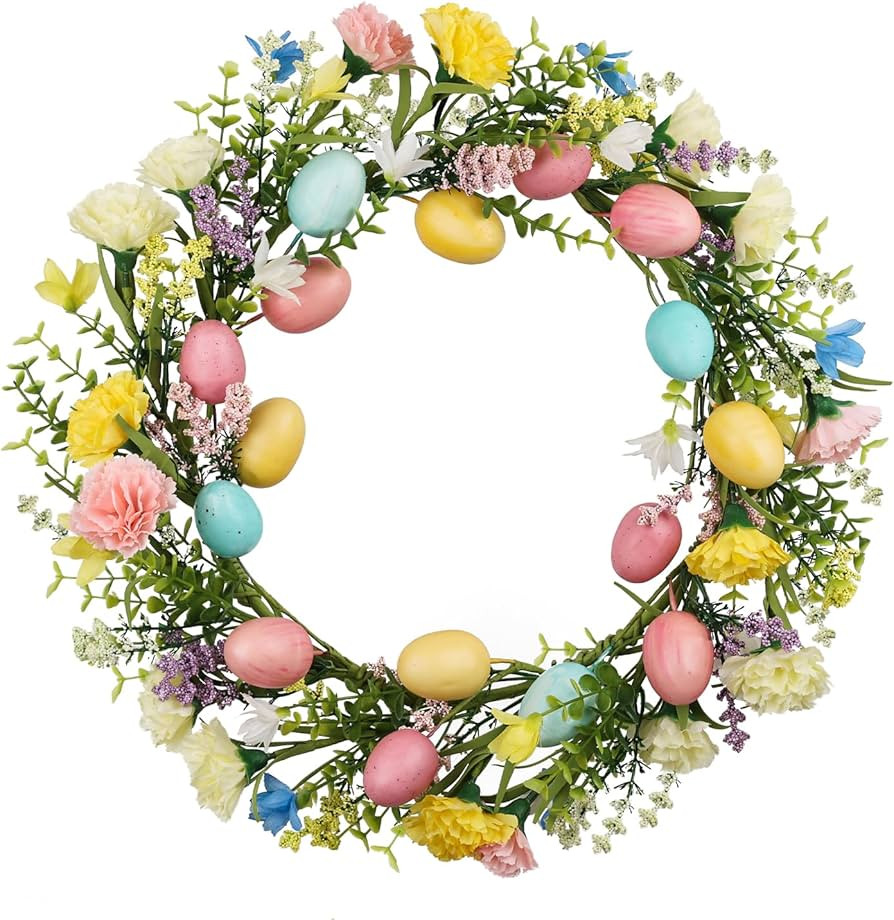 16 Inch Easter Wreath Artificial Easter Eggs and Flowers Eucalyptus Wreath for Front Door Farmhou... | Amazon (US)