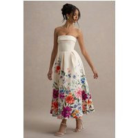 Annalise | Light Pink Floral Print Bandeau Skater Midi Dress | Club L London