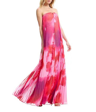 Dress the Population Kelston Strapless Pleated Printed Chiffon Shift Dress | Dillard's | Dillard's