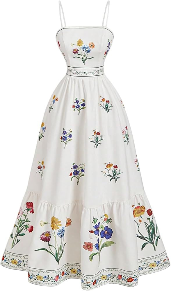OYOANGLE Women's Boho Floral Dress Spaghetti Strap Shirred Ruffle A Line Long Dresses Vacation Cl... | Amazon (US)