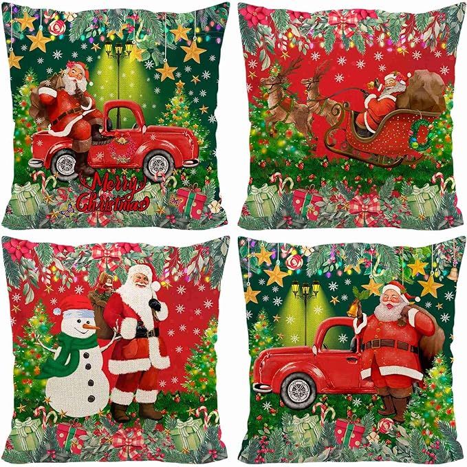 AOKDEER Christmas Pillow Covers, Red Truck Santa Claus Couch Throw Covers 18”x18”, Merry Chri... | Amazon (US)