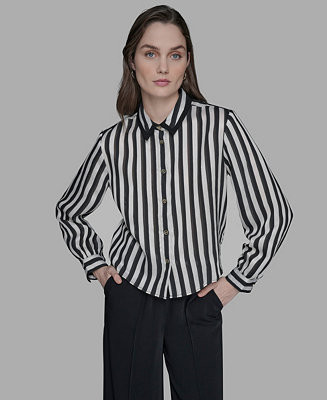 KARL LAGERFELD PARIS Women's Button-Front Striped Shirt - Macy's | Macy's