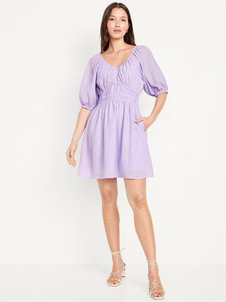 Waist-Defined Puff-Sleeve Seersucker Mini Dress | Old Navy (CA)
