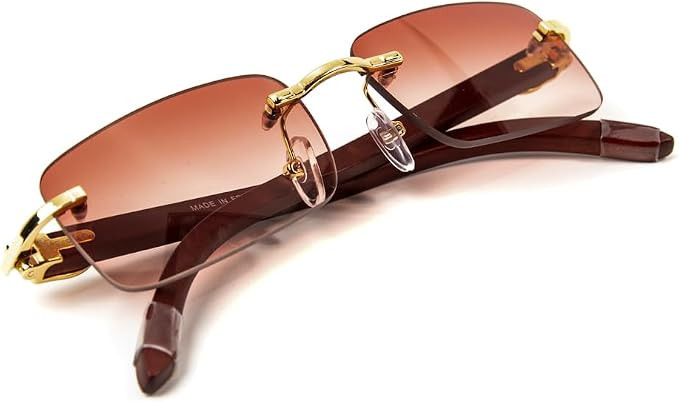 Men Women Burgundy Gradient Tint Rimless Gold Frame Rectangle Sun Glasses Vintage Woodgrain Squar... | Amazon (US)