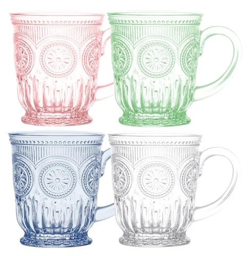 Yungala Multi-colored 10oz Glass Mugs - Set of 4 Colorful Glass Coffee Mugs – 1 each of Clear, Pink, Blue, and Green. Dishwasher Safe vintage glassware tea cups | Amazon (US)