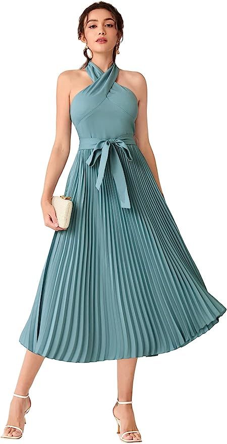 Amazon.com: MakeMeChic Women's Halter Criss Cross Tie Front A Line Swing Pleated Long Dress : Clo... | Amazon (US)