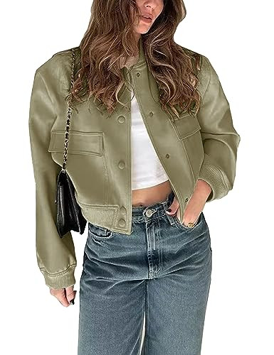 Megfie Womens Cropped Bomber Jacket Button Down Varsity Jackets Shackets with Pockets | Amazon (US)
