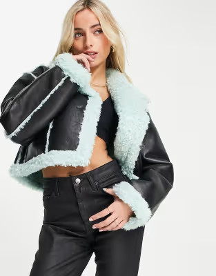 ASOS DESIGN cropped borg aviator jacket in black | ASOS (Global)