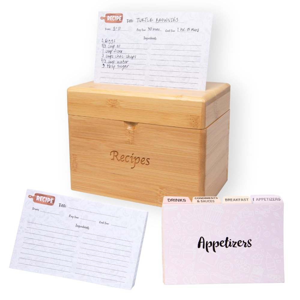Bamboo Recipe Box with Cards and Dividers - Elegant Recipe Cards and Box Set Includes 50 Card 4x6... | Amazon (US)