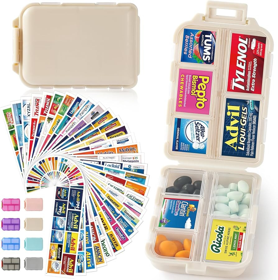 Travel Pill Organizer Box w/ 297 Brand Labels & 28 White Labels, 10 Compartments Small Pill Case ... | Amazon (US)