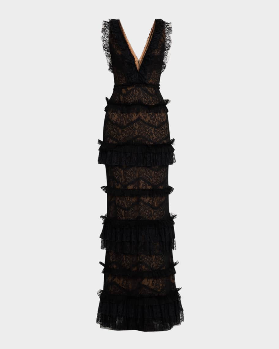 Marchesa Notte Tiered Ruffle-Trim Lace Column Gown | Neiman Marcus